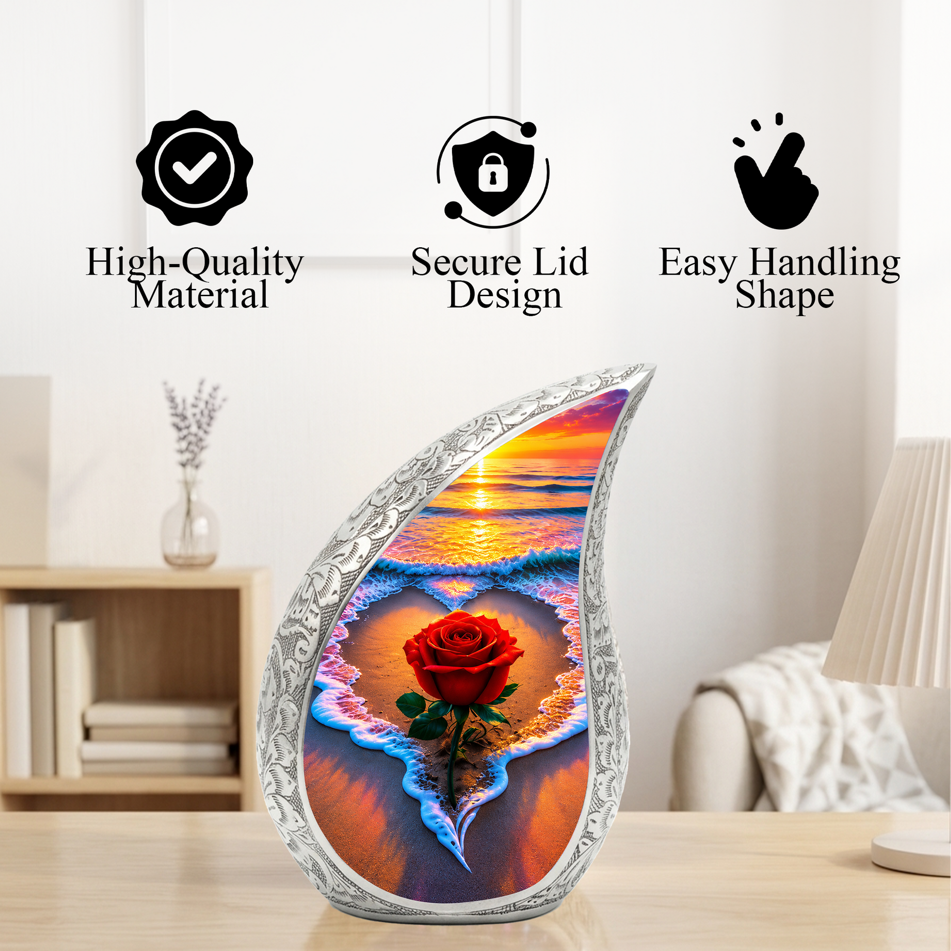 Red Rose Ocean Sunset Urn for Ashes | Beach Urn for Human Ashes, Ocean Wave Cremation Urn