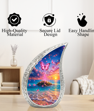 Butterfly Ocean Sunset Urn for Human Ashes | Pink Butterfly Beach Cremation Urn for Mom,
