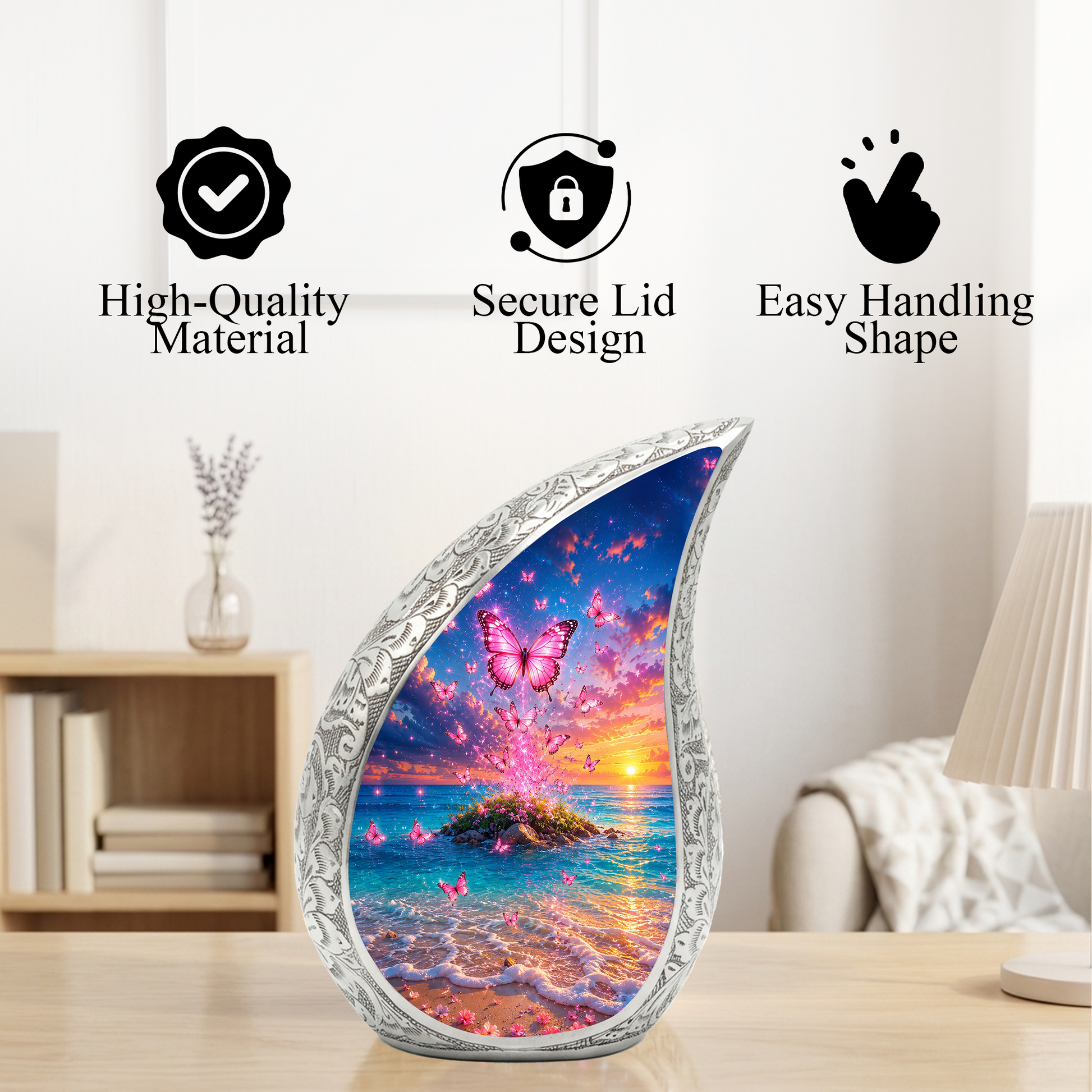 Butterfly Ocean Sunset Urn for Human Ashes | Pink Butterfly Beach Cremation Urn for Mom,