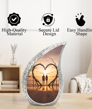 Couple Love Sunset Personalized Cremation Urn – Teardrop Aluminum Memorial Urn, 10 Inch