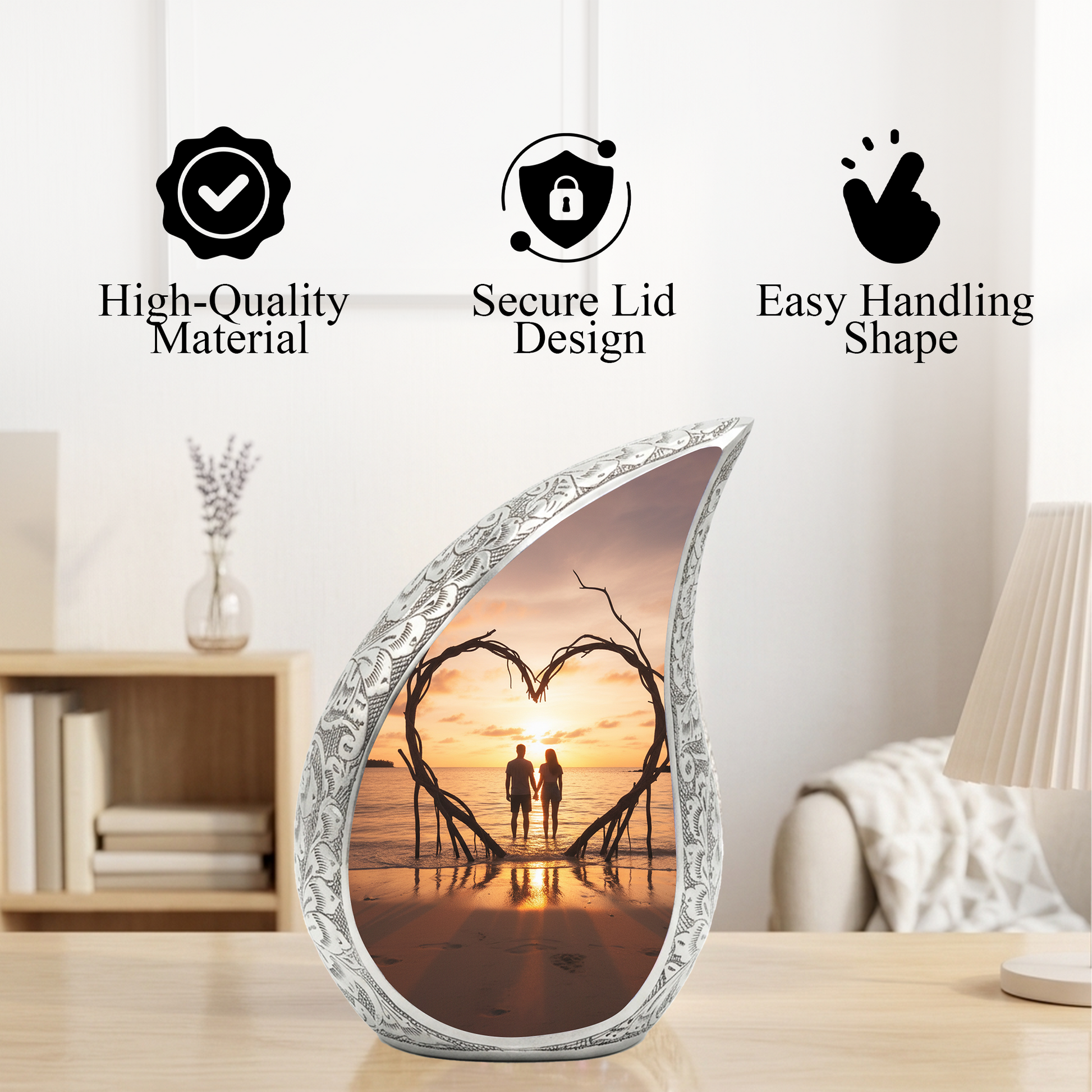Couple Love Sunset Personalized Cremation Urn – Teardrop Aluminum Memorial Urn, 10 Inch
