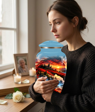 Personalized Fantasy Cremation Urn for Ashes, Red Butterfly Castle Memorial Urn, Custom Adult Urn