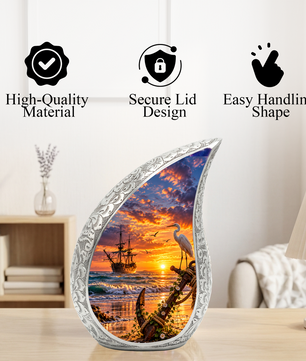 Nautical Cremation Urn for Adult Ashes, Ocean Sunset Memorial Urn, Ship and Anchor Urn, Coastal Urn for Dad