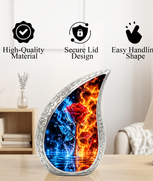 Red Rose Cremation Urn for Ashes, Blue and Fire Rose Adult Memorial Urn
