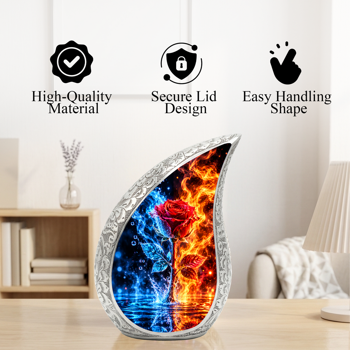 Red Rose Cremation Urn for Ashes, Blue and Fire Rose Adult Memorial Urn