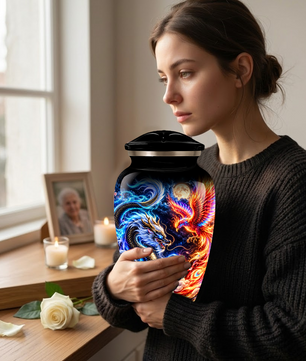 Blue Dragon and Phoenix Cremation Urn for Adult Ashes, Fantasy Bird Memorial Urn