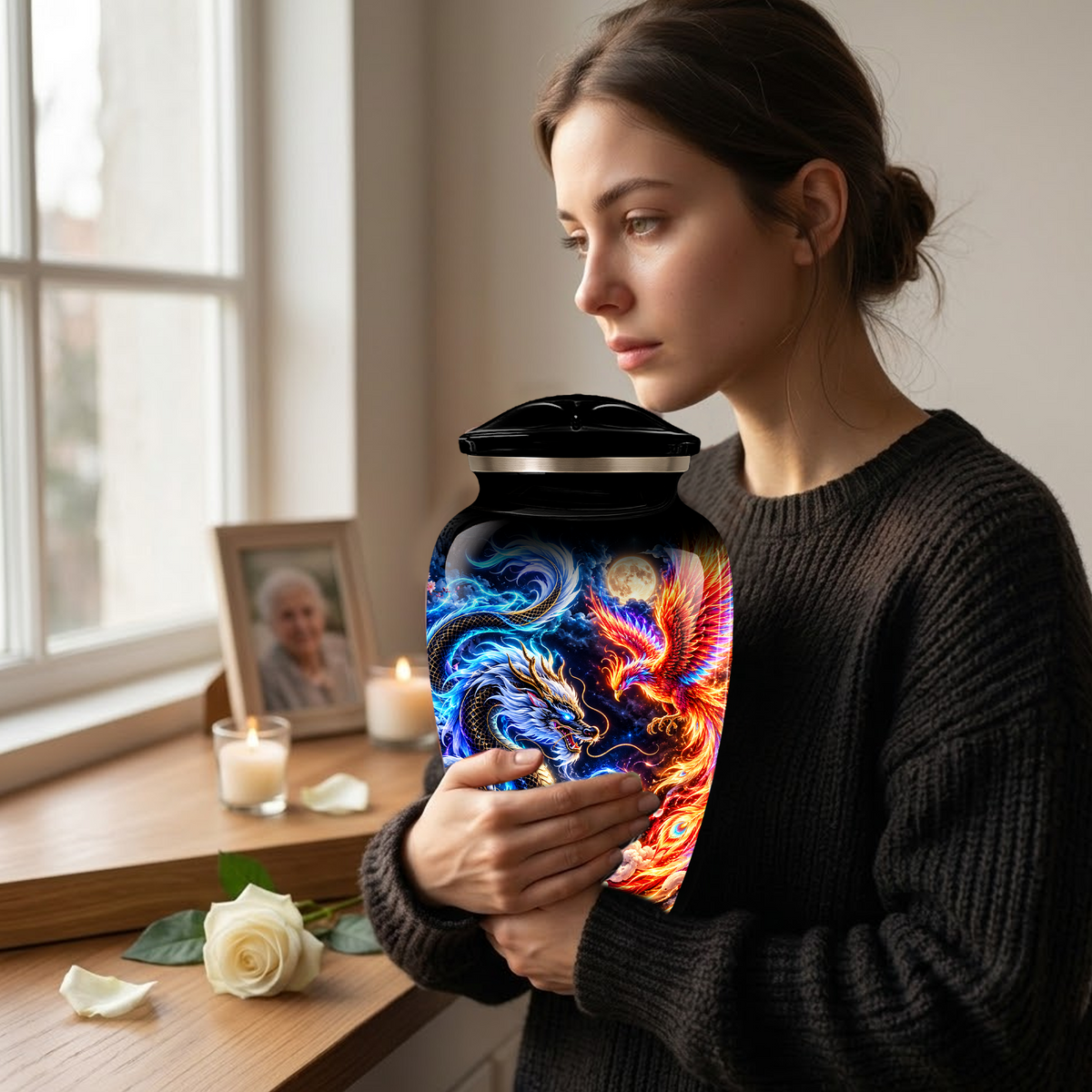 Blue Dragon and Phoenix Cremation Urn for Adult Ashes, Fantasy Bird Memorial Urn