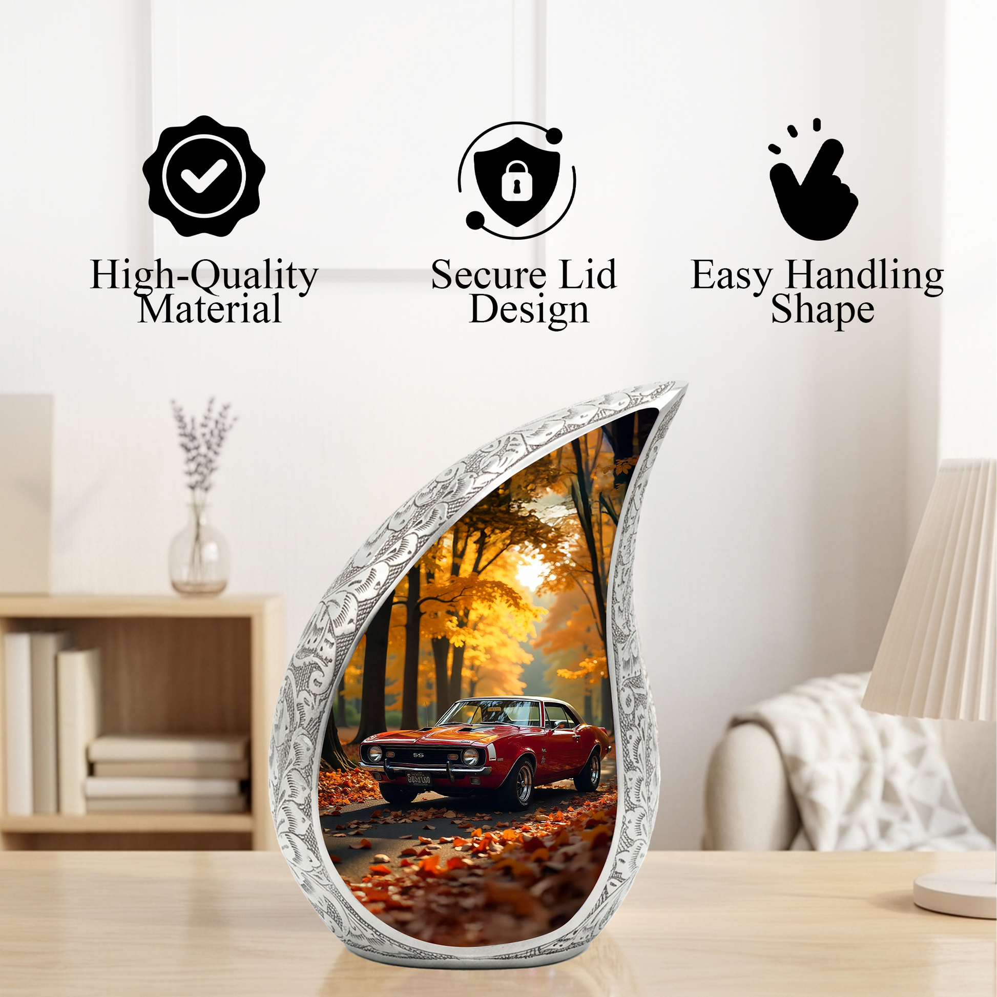 Classic Car Personalized Cremation Urn for Dad – Teardrop Style Aluminum Memorial Urn, 10 Inch