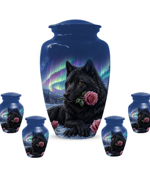 Black  Dog Urn for Ashes -  Personalized Aurora Borealis Pet Memorial