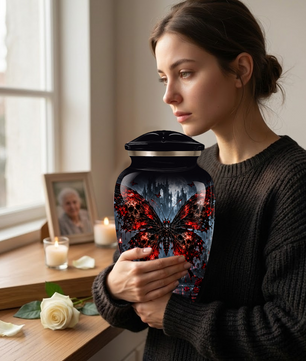 Gothic Butterfly Adult Urn for Ashes – Red & Black Skull Butterfly Cremation Urn for Adults