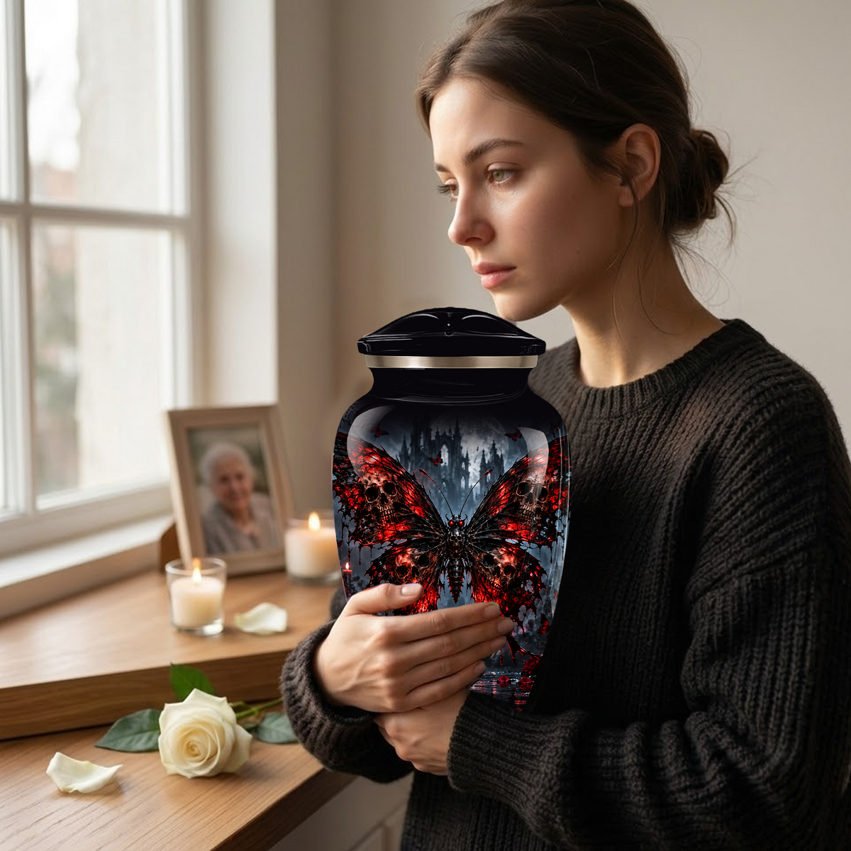Gothic Butterfly Adult Urn for Ashes – Red & Black Skull Butterfly Cremation Urn for Adults