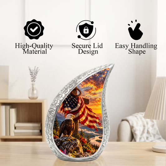 Christian Cremation Urn for Adult Ashes, Jesus Cross and American Flag Memorial Urn