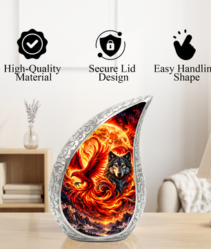 Wolf and Phoenix Urn for Human Ashes, Adult Cremation Urn with Fiery Phoenix and Black Wolf