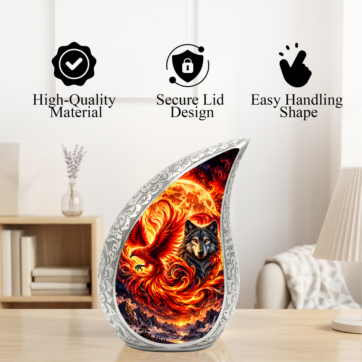 Wolf and Phoenix Urn for Human Ashes, Adult Cremation Urn with Fiery Phoenix and Black Wolf