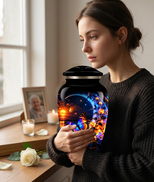 Butterfly Moon Cremation Urn for Adult Ashes, Personalized Adult Memorial Urn with Sunset and Floral Design