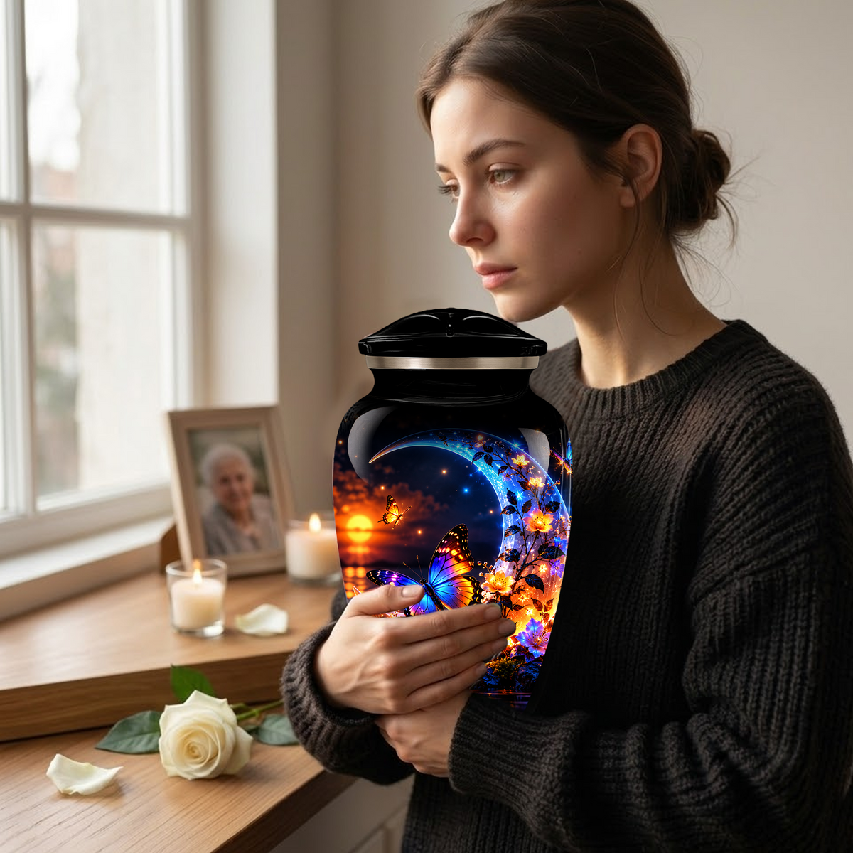 Butterfly Moon Cremation Urn for Adult Ashes, Personalized Adult Memorial Urn with Sunset and Floral Design
