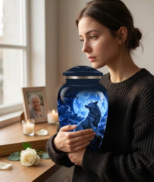 Personalized Adult Cremation Urn for Ashes, Custom Blue Wolf Moon Memorial Urn, Wildlife Cremation Urn