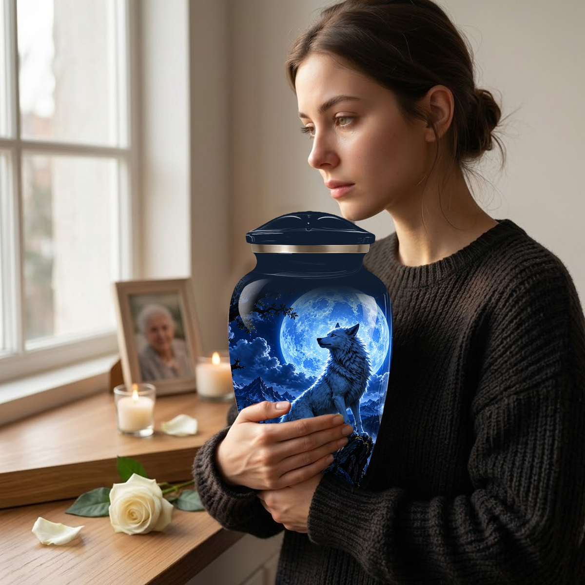 Personalized Adult Cremation Urn for Ashes, Custom Blue Wolf Moon Memorial Urn, Wildlife Cremation Urn