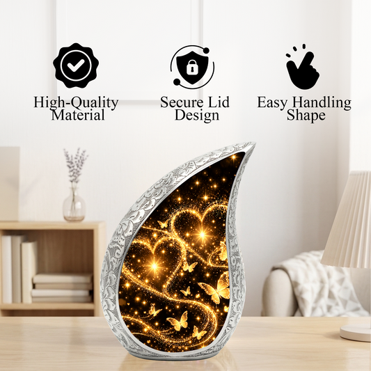 Gold Butterfly Cremation Urn for Ashes, Heart Memorial Urn