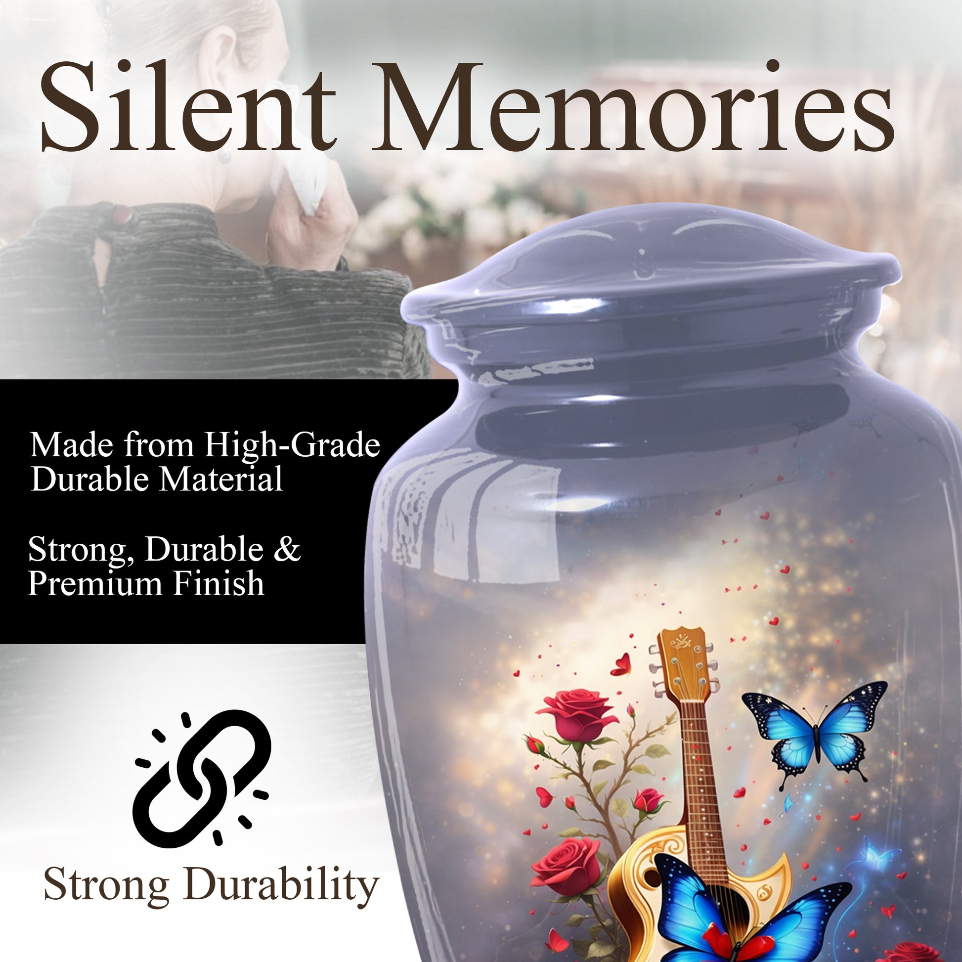 Butterfly Urn for Mom with Guitar – Personalized Cremation Large Urn for Ashes