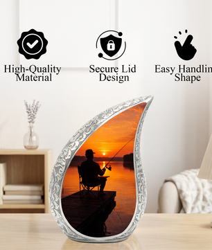 Personalized Fishing Cremation Urn for Dad – Custom Memorial Urn for Ashes, Sunset Lake Teardrop Aluminum Adult Urn, 10 Inch