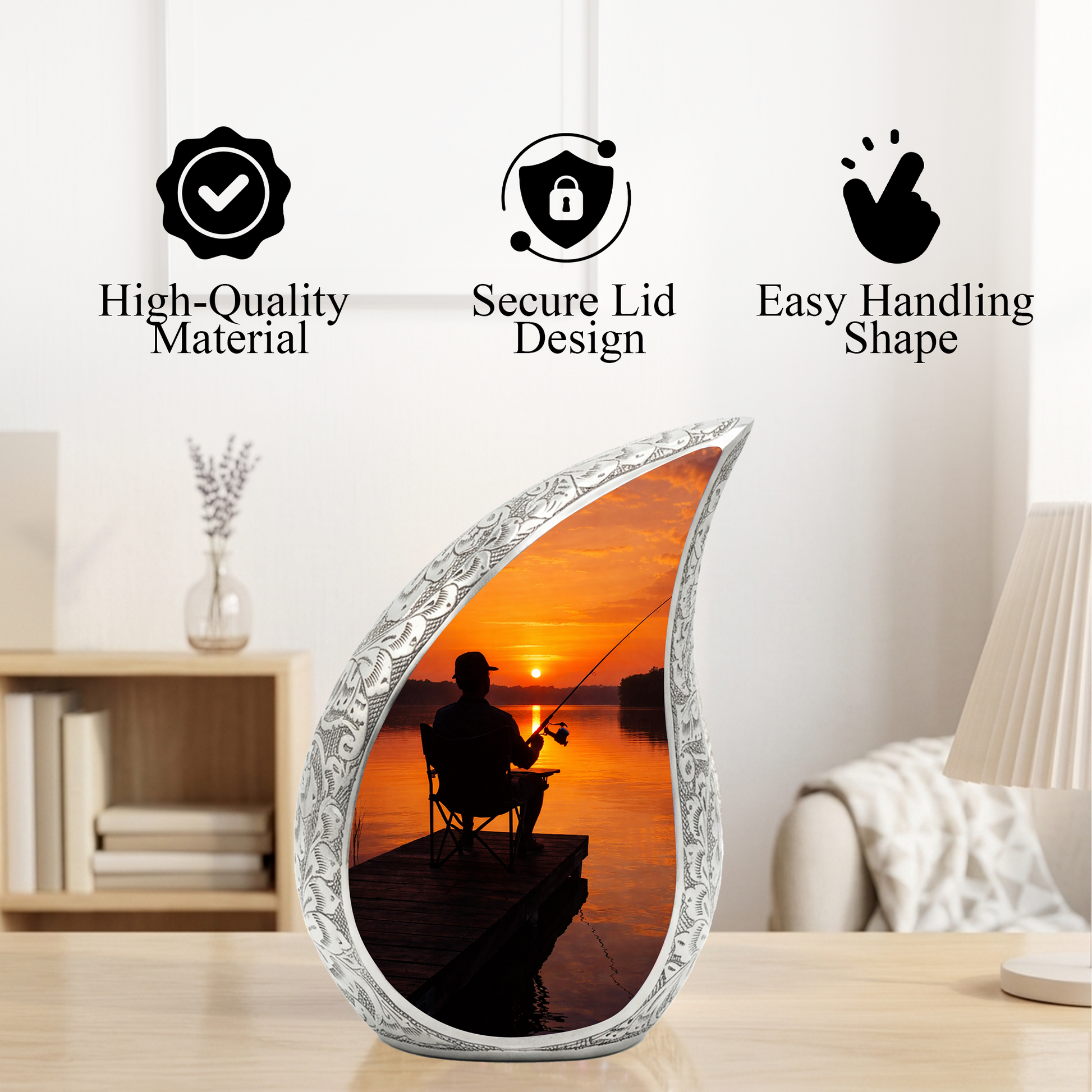 Personalized Fishing Cremation Urn for Dad – Custom Memorial Urn for Ashes, Sunset Lake Teardrop Aluminum Adult Urn, 10 Inch