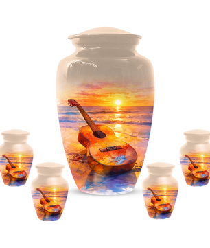 Guitar Urn for Ashes, Beach Sunset Cremation Urn, Custom Memorial Urn, Music Lover Urn