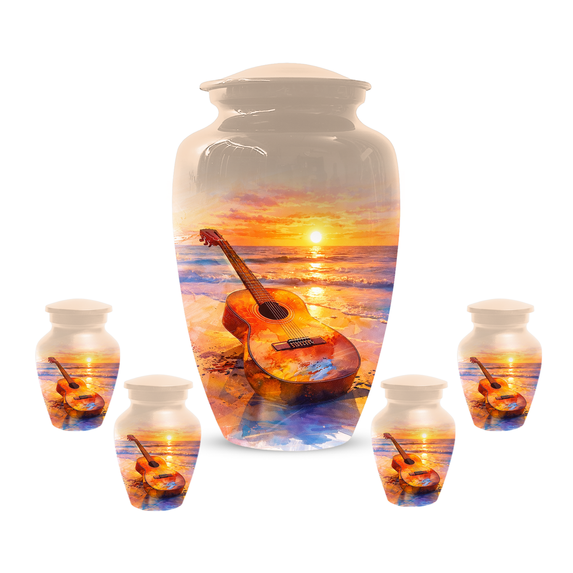 Guitar Urn for Ashes, Beach Sunset Cremation Urn, Custom Memorial Urn, Music Lover Urn