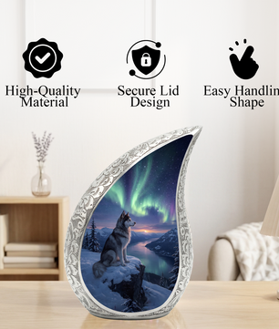 Personalized Husky Cremation Urn – Custom Dog Memorial Urn for Ashes, Northern Lights Pet Memorial, Teardrop Aluminum Adult Urn, 10 Inch