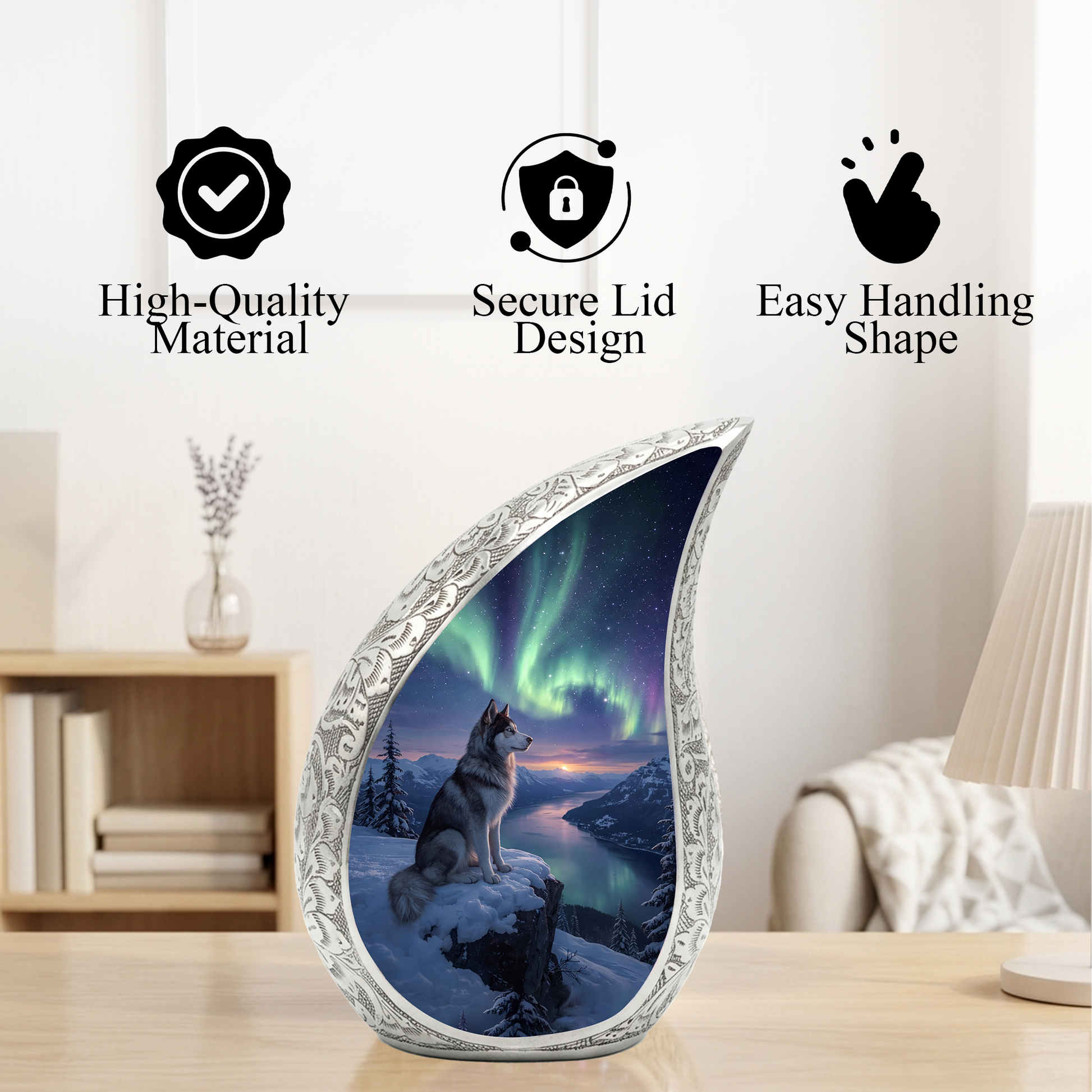 Personalized Husky Cremation Urn – Custom Dog Memorial Urn for Ashes, Northern Lights Pet Memorial, Teardrop Aluminum Adult Urn, 10 Inch