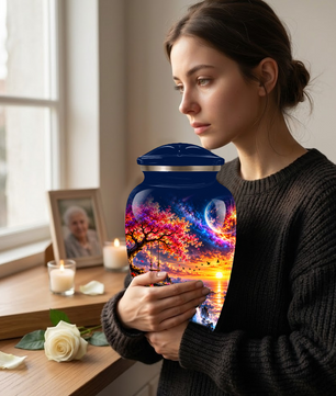 Personalized Adult Cremation Urn for Ashes, Custom Memorial Urn, Fantasy Sunset Waterfall and Cherry Blossom Design