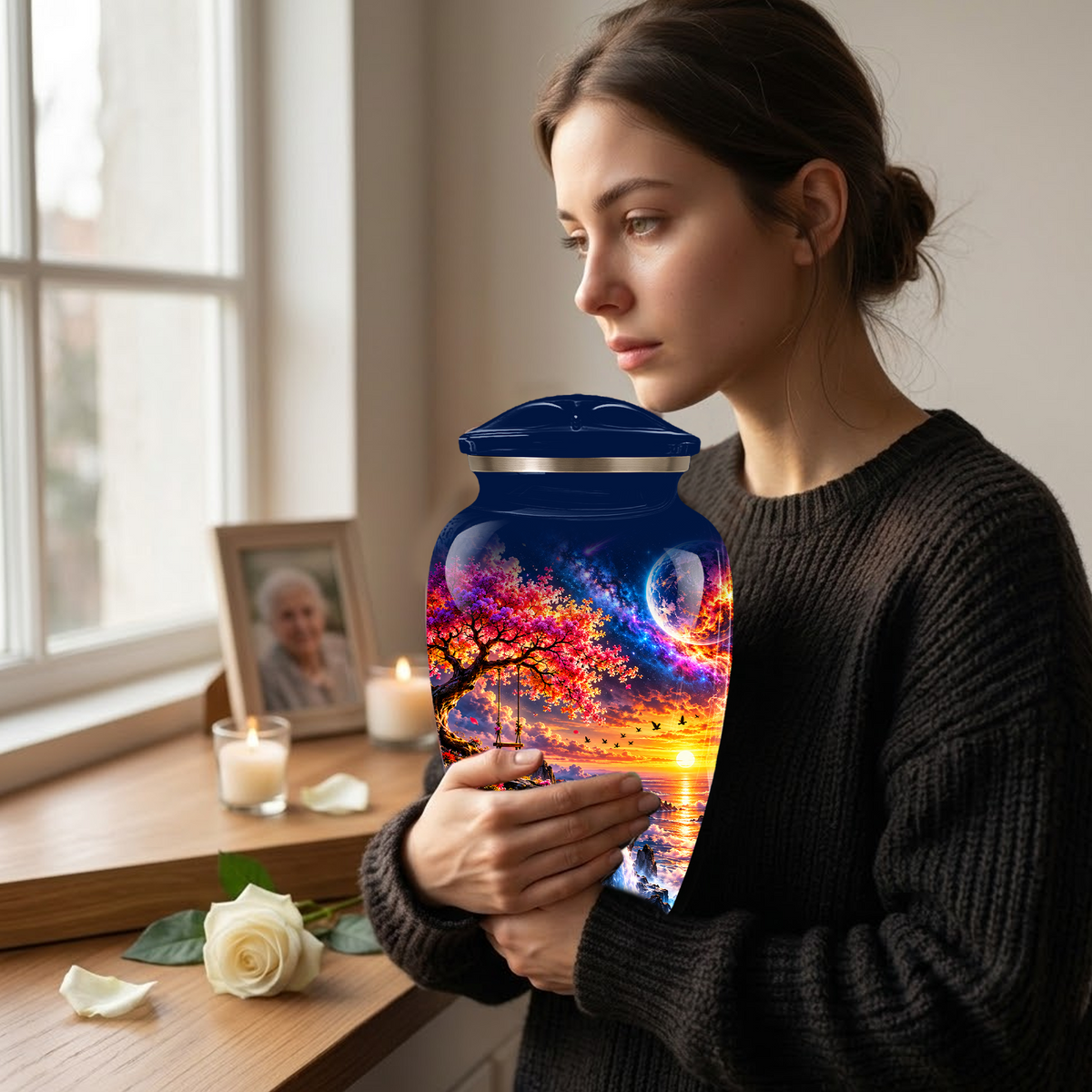 Personalized Adult Cremation Urn for Ashes, Custom Memorial Urn, Fantasy Sunset Waterfall and Cherry Blossom Design