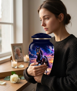 Personalized Adult Cremation Urn for Ashes, Custom Horse Memorial Urn, Black Horse with Purple Mane and Galaxy Sunset Design