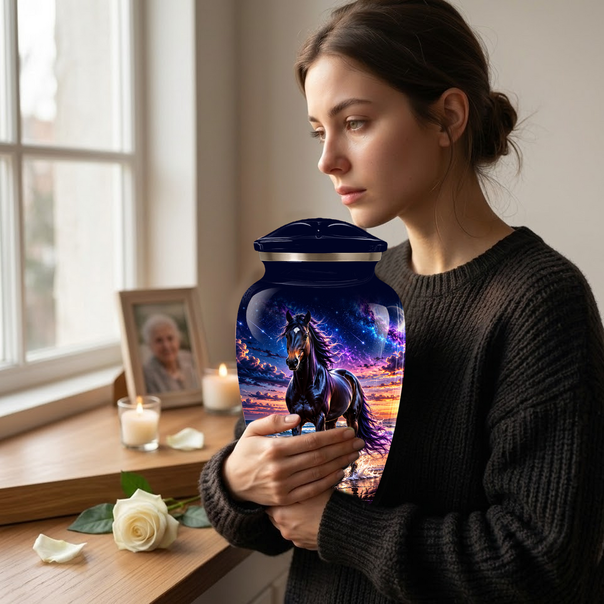 Personalized Adult Cremation Urn for Ashes, Custom Horse Memorial Urn, Black Horse with Purple Mane and Galaxy Sunset Design