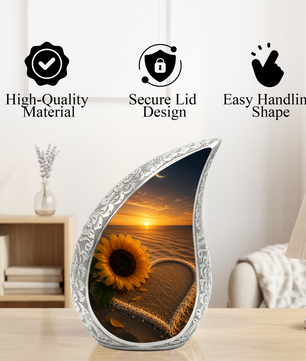 Beach Sunflower Urn for Human Ashes | Adult Cremation Urn with Sunflower & Coastal Design