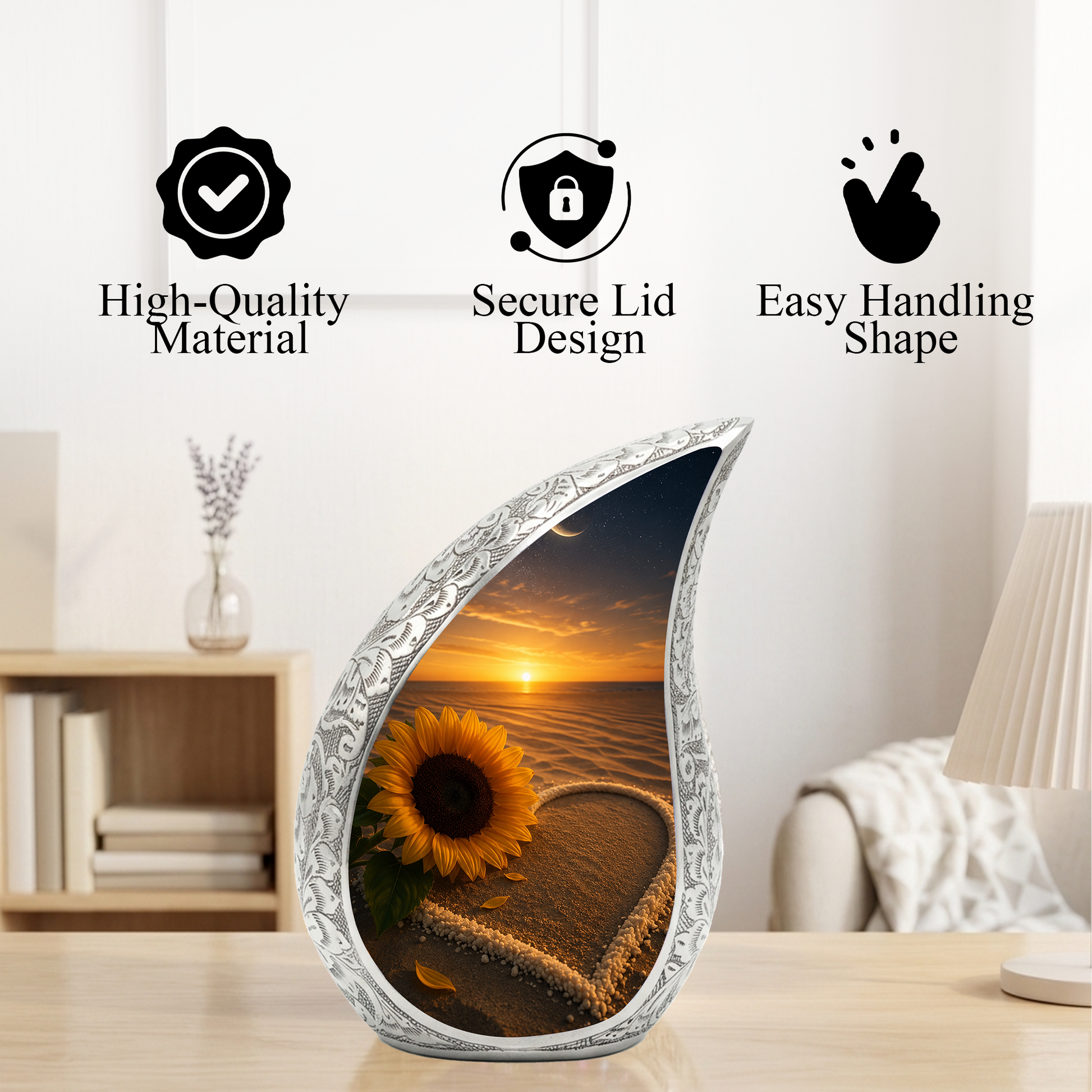 Beach Sunflower Urn for Human Ashes | Adult Cremation Urn with Sunflower & Coastal Design