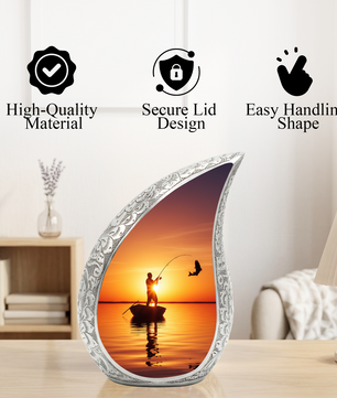 Fishing Personalized Cremation Urn for Dad – Teardrop Style Aluminum Memorial Urn, 10 Inch