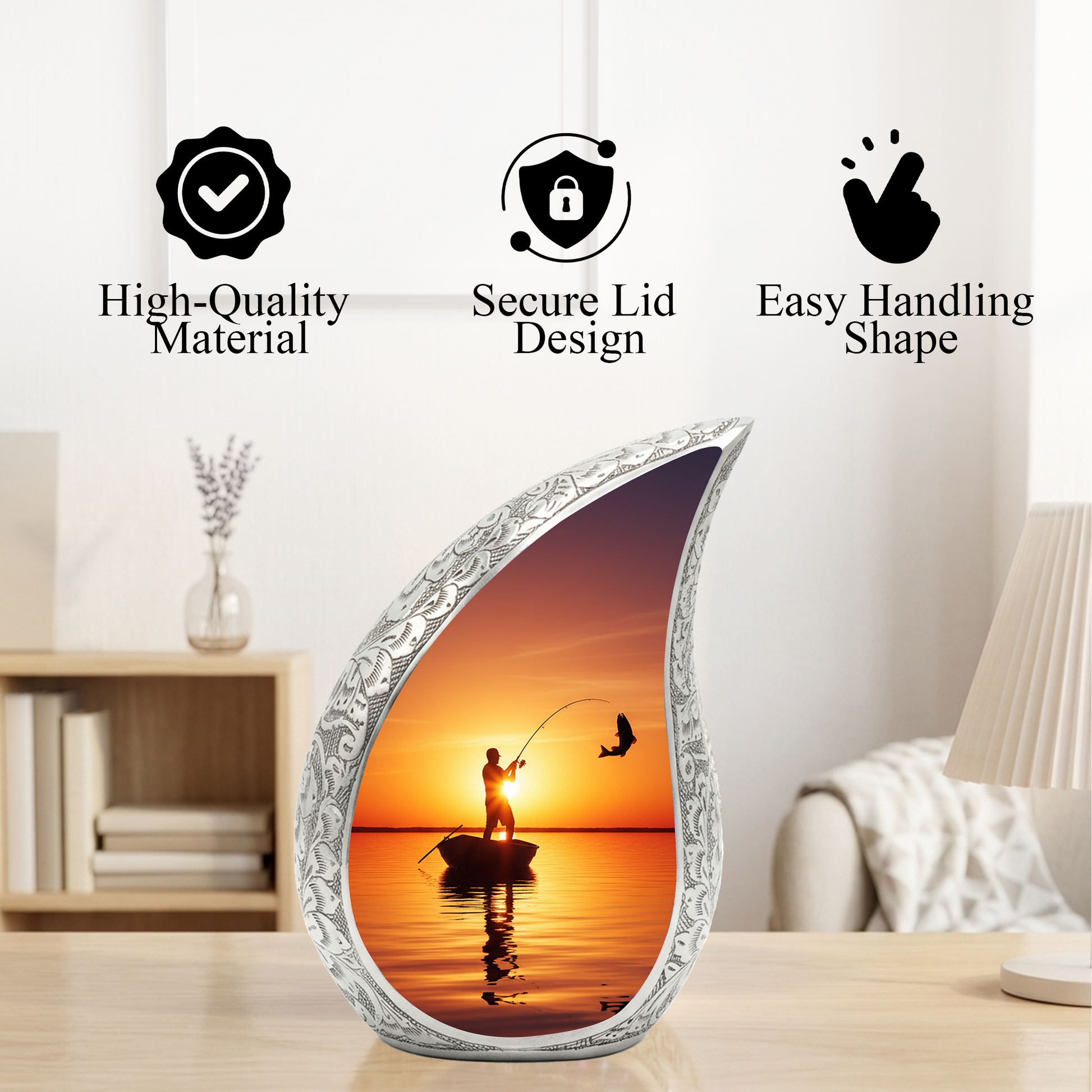 Fishing Personalized Cremation Urn for Dad – Teardrop Style Aluminum Memorial Urn, 10 Inch