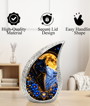 Wolf Couple Cremation Urn for Ashes, Personalized Adult Urn, Black and White Wolf Memorial Urn