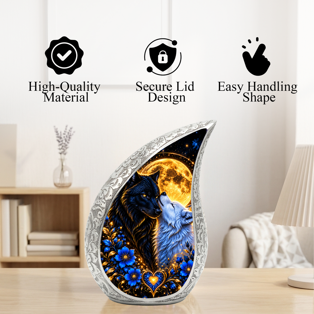 Wolf Couple Cremation Urn for Ashes, Personalized Adult Urn, Black and White Wolf Memorial Urn