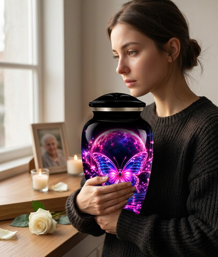 Personalized Butterfly Cremation Urn for Ashes, Pink Purple Galaxy Butterfly Adult Urn, Custom Memorial Urn