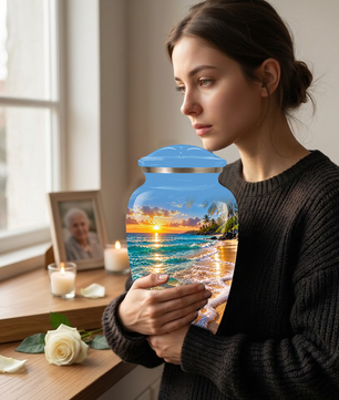 Tropical Beach Sunset Memorial Urn, Plumeria Flower Urn for Human Ashes