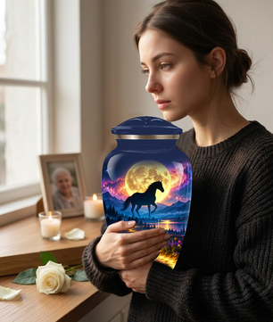 Personalized Adult Cremation Urn for Ashes, Black Horse Under Golden Moon Memorial Urn