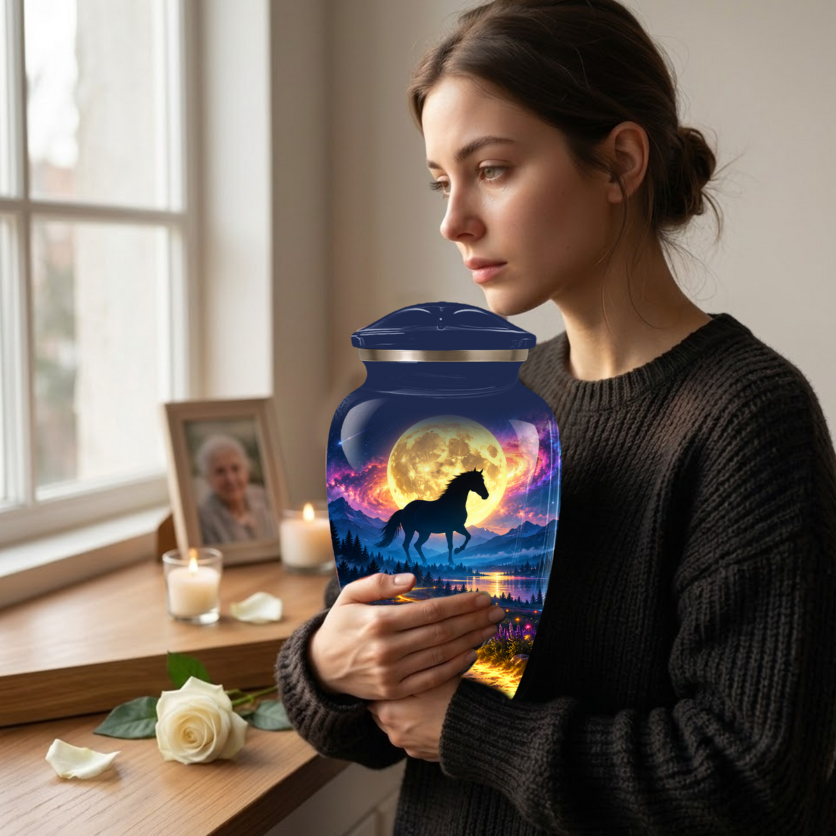 Personalized Adult Cremation Urn for Ashes, Black Horse Under Golden Moon Memorial Urn