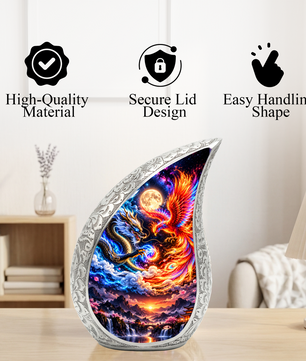 Dragon and Phoenix Cremation Urn for Ashes, Mythical Bird Adult Memorial Urn