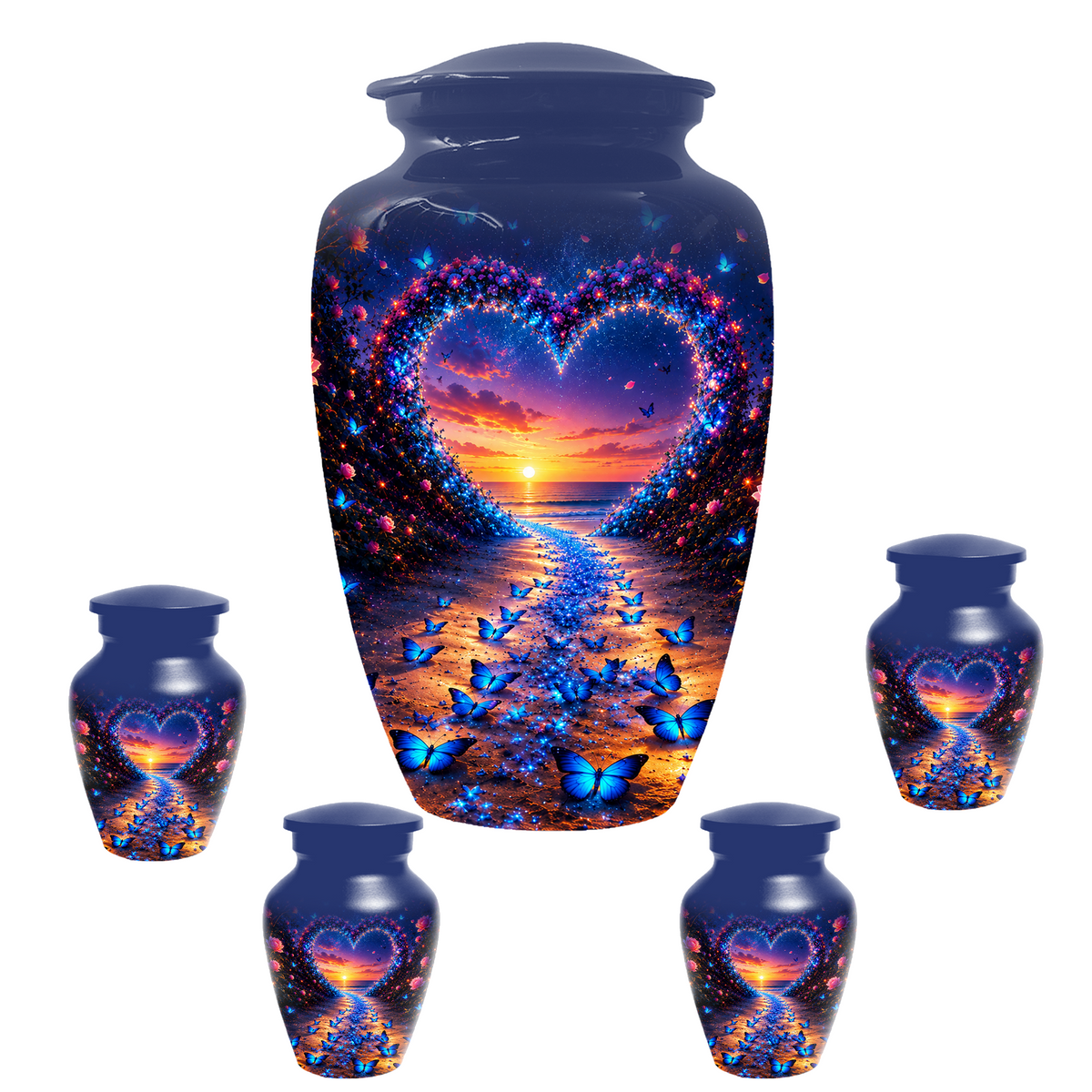 Blue Butterfly Cremation Urn for Ashes - Heart Beach Sunset Keepsake Urns