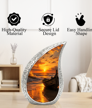 Beach Boat Cremation Urn for Human Ashes | Ocean Sunset Beach Themed Memorial Urn