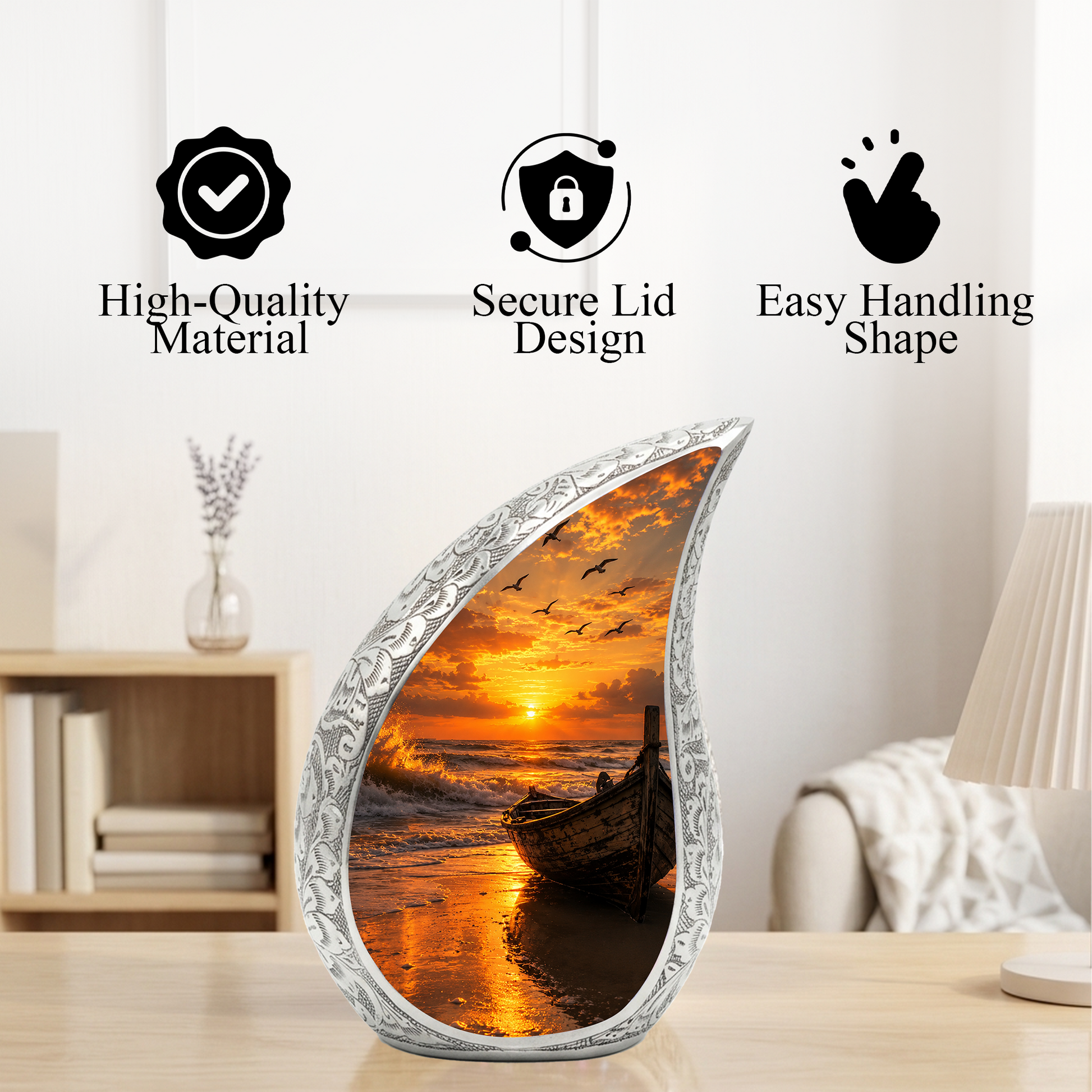 Beach Boat Cremation Urn for Human Ashes | Ocean Sunset Beach Themed Memorial Urn