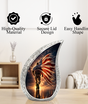 Patriotic Soldier Urn for Dad – American Flag Cremation Urn for Human Ashes | Adult Male Memorial Urn