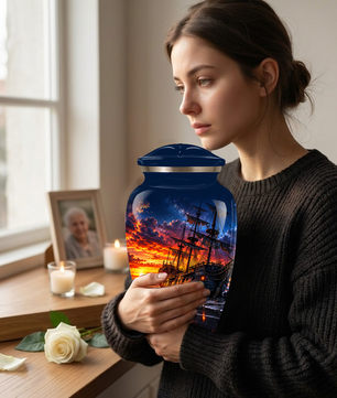 Personalized Pirate Ship Cremation Urn for Ashes, Sunset Ship Adult Memorial Urn